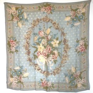 Ralph Lauren vintage silk scarf, sheer blue, tan, green, exc. cond., 30” x 30”